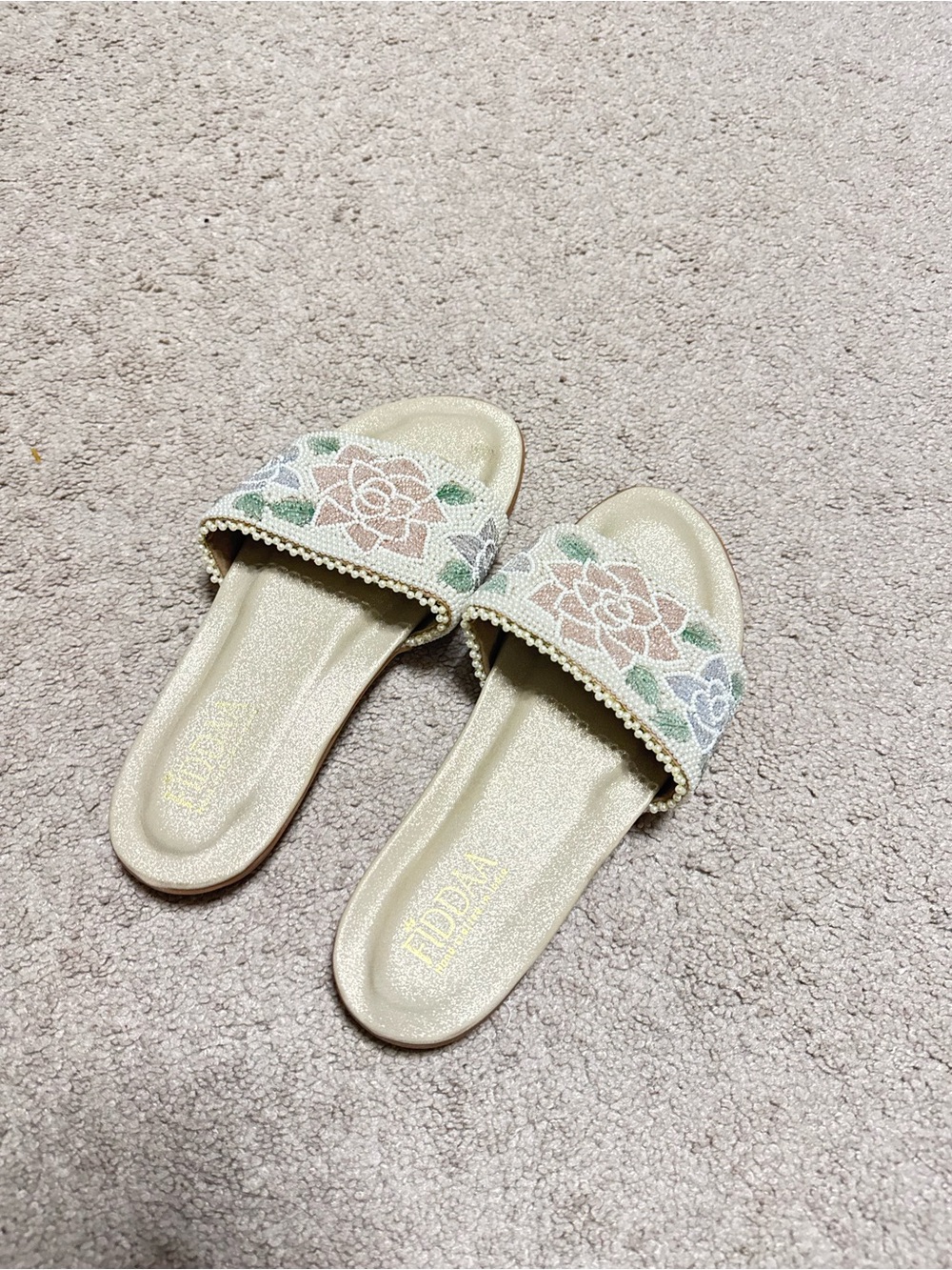 Gold Floral Beaded Slide Sandals - handcarfted beads and pearl